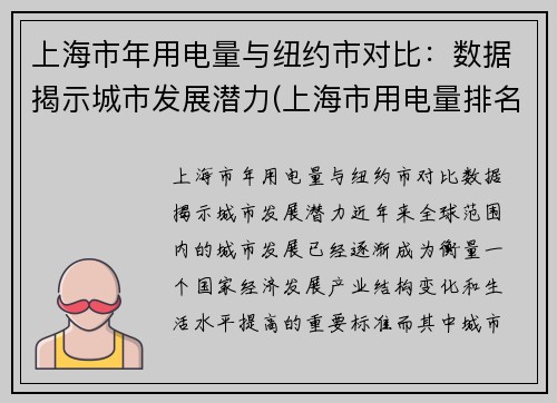 上海市年用电量与纽约市对比：数据揭示城市发展潜力(上海市用电量排名)