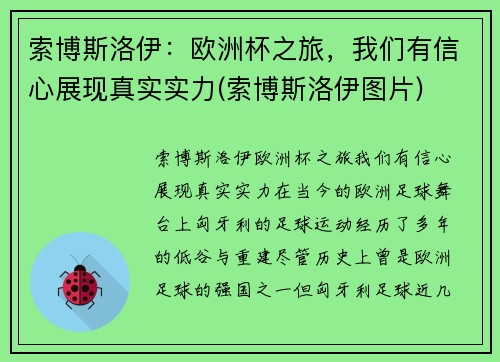 索博斯洛伊：欧洲杯之旅，我们有信心展现真实实力(索博斯洛伊图片)